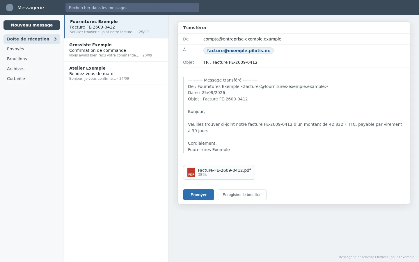 La facture du fournisseur arrive par mail : vous la transférez à votre adresse Pilotis.